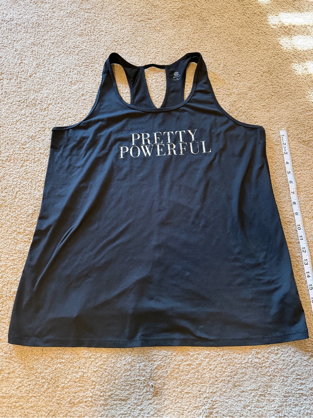 Champion Black Racerback Tank with Silver 'Pretty Powerful' Script